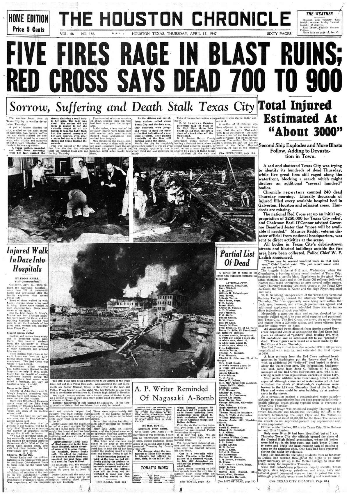 Houston Chronicle front page - April 17, 1947 - section 1, page 1.