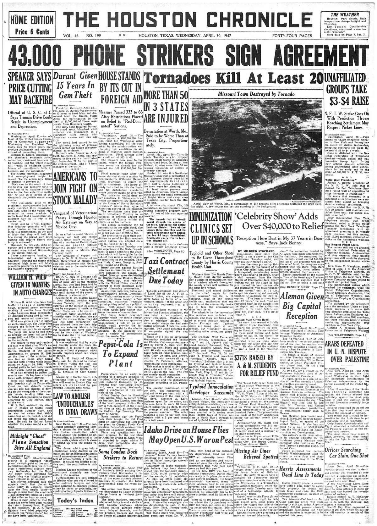 Houston Chronicle front page - April 30, 1947 - section 1, page 1.
