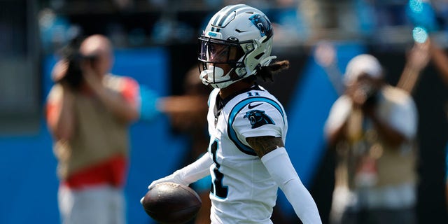 Carolina Panthers wide receiver Robby Anderson celebrates after scoring against the New York Jets Sept. 12, 2021, in Charlotte, N.C.