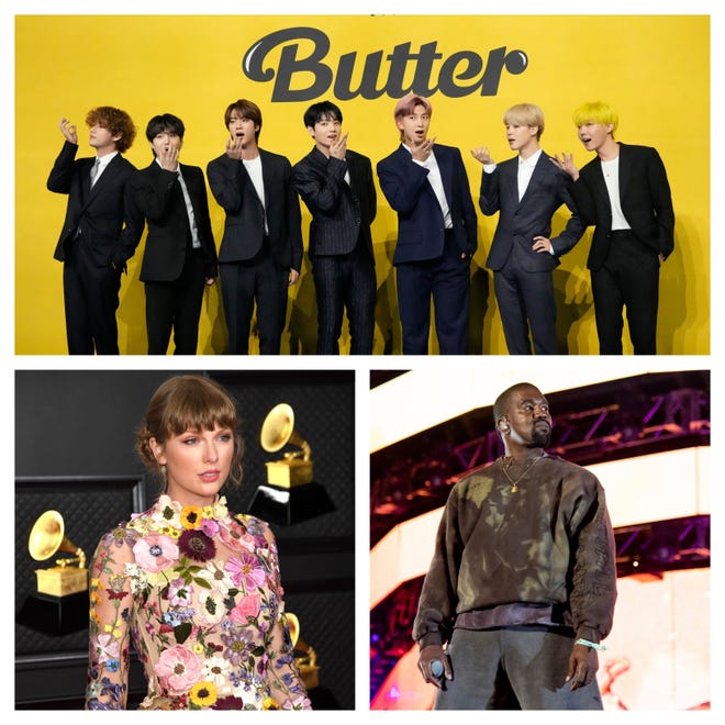 BTS, Taylor Swift and Kanye West could all make history at the 2022 Grammy Awards on April 3 in Las Vegas.