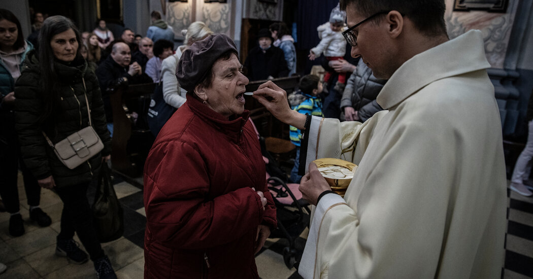 Worshipers filled pews in Lviv on Easter Sunday.