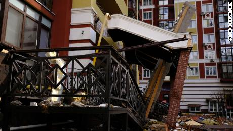 A building in Irpin, damaged by the fighting. 