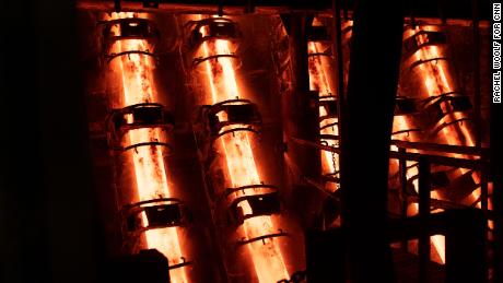 Steel is cast at the Evraz Rocky Mountain Steel plant in Pueblo, Colorado, on March 29, 2022.