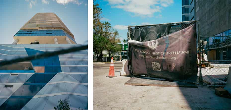 left: high-rise building. right: tarp saying ‘future home of first church miami’ over a fence