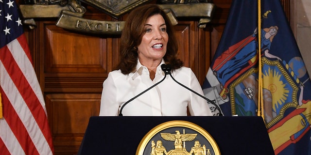 New York Gov. Kathy Hochul speaks to reporters after a ceremonial swearing-in ceremony at the state Capitol, Tuesday, Aug. 24, 2021, in Albany, N.Y. 