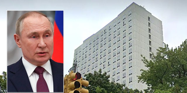 A view of the Russian Diplomatic Compound at 355 West 255th Street; Inset: Russian President Vladimir Putin (Getty Images) 