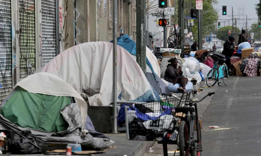 Entire blocks are packed with homeless encampments on skid row in downtown LA.