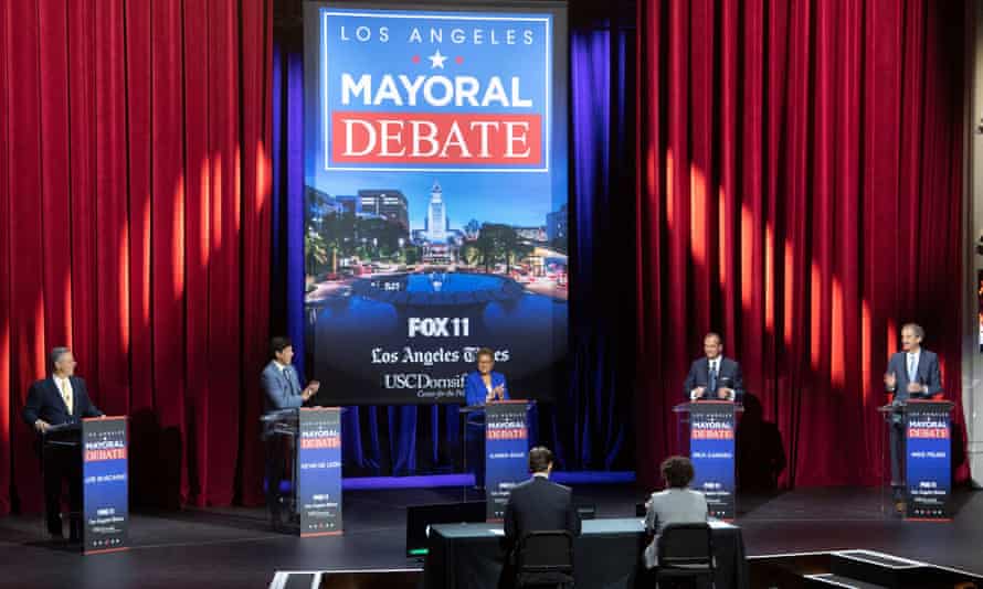 Joe Buscaino, Kevin de Leon, Karen Bass, Rick Caruso and Mike Feuer participate in the mayoral debates in March 2022 in Los Angeles, CA.