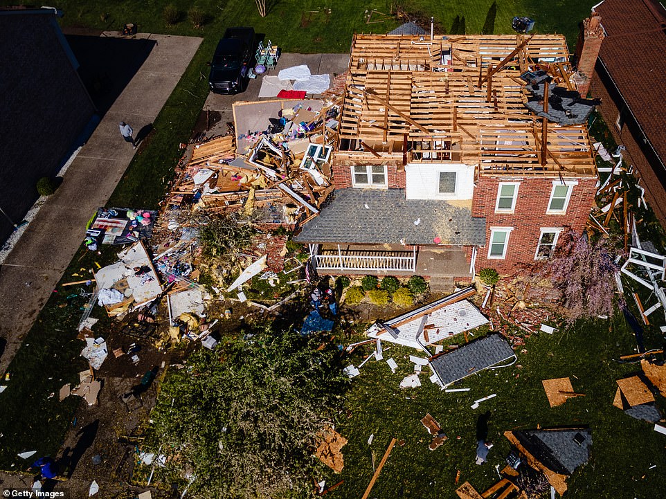 In an aerial view, a heavily damaged home is seen in the Glenmary subdivision on April 14, 2022 in Louisville, Kentucky