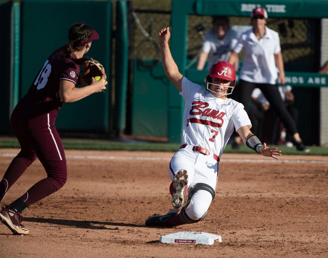 Alabama base runner Bailey Dowling is forced out at second by Mississippi State infielder Madisyn Kennedy at Rhoads Stadium Thursday, April 14, 2022. Gary Cosby Jr./Tuscaloosa News  