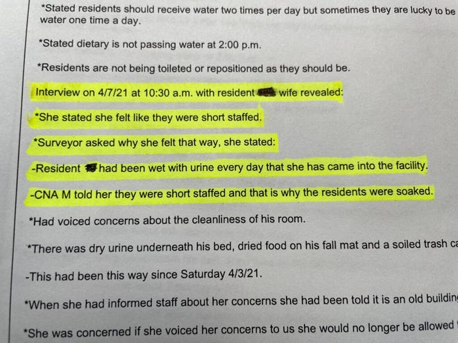 These notes from an April 2021 state Department of Health inspection of the Avantara Ipswich nursing home point toward staffing problems as one cause of deficient resident care.