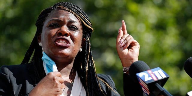 Activist Cori Bush speaks during a news conference Wednesday, Aug. 5, 2020, in St. Louis. 