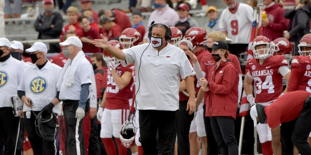 Arkansas head coach Sam Pittman, center, gestures on the sideline during the second half of an NCAA college football game against LSU, Saturday, Nov. 21, 2020, in Fayetteville, Ark.