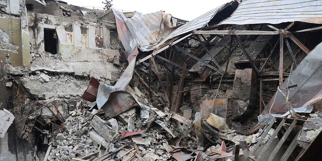 A view of the Mariupol theater damaged during fighting in Mariupol, in territory under the government of the Donetsk People's Republic, eastern Ukraine, Monday, April 4, 2022. 