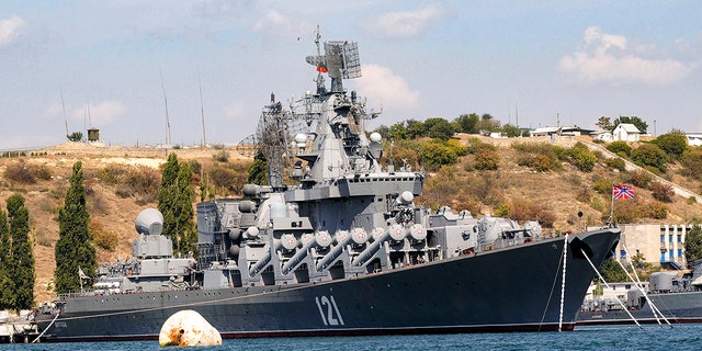 The Russian missile cruiser Moskva, the flagship of Russia's Black Sea Fleet is seen anchored in the Black Sea port of Sevastopol, on Sept. 11, 2008.