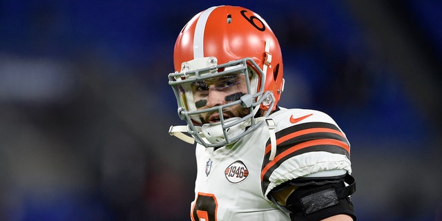 Cleveland Browns quarterback Baker Mayfield works out prior to a game against the Baltimore Ravens Nov. 28, 2021, in Baltimore.