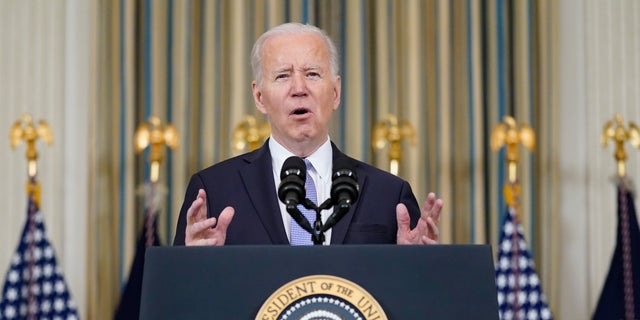 President Joe Biden speaks about the March jobs report in the State Dining Room of the White House Friday, April 1, 2022, in Washington.