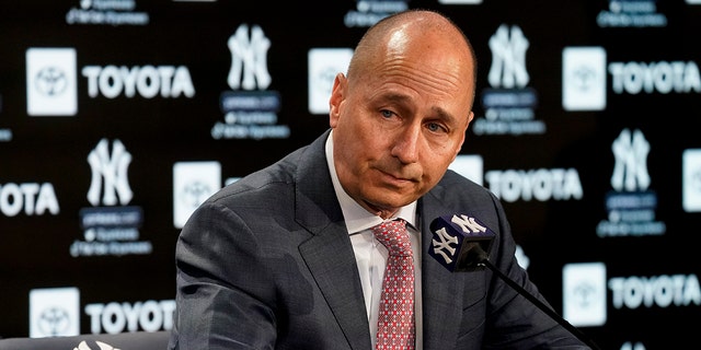 Brian Cashman, general manager and senior vice president of the New York Yankees, announces that the team failed to secure a multi-year deal with right fielder Aaron Judge before opening day against the Boston Red Sox, Friday, April 8, 2022, in New York.