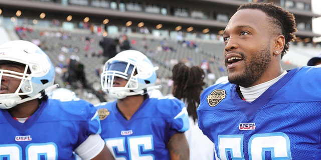 Davin Bellamy, right, of the New Orleans Breakers during the Philadelphia Stars game at Protective Stadium on April 17, 2022, in Birmingham, Alabama.