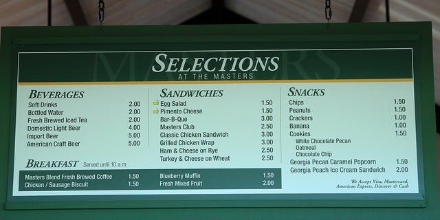 A detailed view of Masters food item prices at Augusta National Golf Club on April 10, 2019, in Augusta, Georgia.