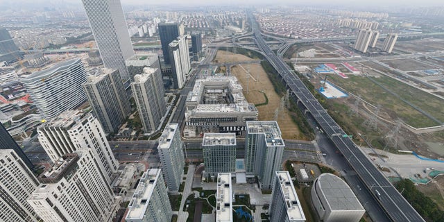 Aerial photo taken on Feb. 16, 2022 shows the construction site of the new campus of New York University NYU Shanghai, in east China's Shanghai.