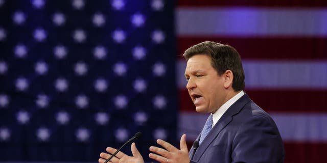 In this photo from Feb. 24, 2022, Florida Gov. Ron DeSantis delivers remarks at the 2022 CPAC conference at the Rosen Shingle Creek in Orlando. (Joe Burbank/Orlando Sentinel/Tribune News Service via Getty Images)