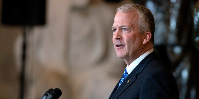 Sen. Dan Sullivan (R-AK) gives a remembrance gives a remembrance of late Rep. Don Young (R-AK) as he lies in state in Statuary Hall at the U.S. Capitol on March 29, 2022 in Washington, DC. 