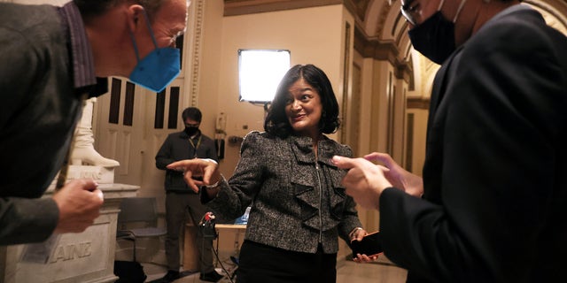 Chair of the Congressional Progressive Caucus Rep. Pramila Jayapal, D-Wash., leaves the Will Rogers Hallway following a television interview at the U.S. Capitol on November 18, 2021 in Washington, DC.