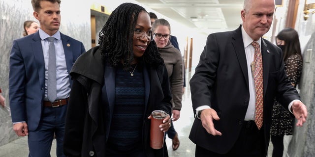 U.S. Supreme Court nominee Judge Ketanji Brown Jackson arrives to the office of Sen. Michael Bennet (D-CO) for meeting on March 24, 2022 in Washington, DC. (Photo by Anna Moneymaker/Getty Images)