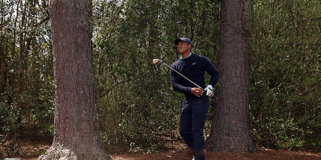 AUGUSTA, GEORGIA - APRIL 08: Tiger Woods plays his shot on the fifth hole during the second round of The Masters at Augusta National Golf Club on April 08, 2022 in Augusta, Georgia. 