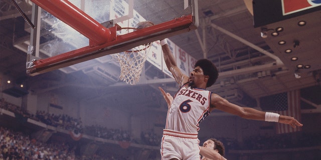 Julius Erving dunking against the Portland Trail Blazers in Philadelphia May 26, 1977.  