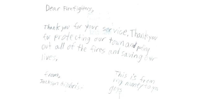 Here, a photo of the letter that fifth grader Jackson Gilchrist wrote to the Salem Fire Department in N.H., thanking firefighters for their service. 