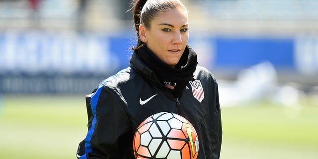 Hope Solo #1 of the United States looks on prior to the match against Colombia at Talen Energy Stadium on April 10, 2016 in Chester, Pennsylvania.  The United States defeated Colombia 3-0. 