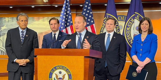 House Democrats hold a press conference on April 6, 2022 to express their concerns about a new Iran nuclear deal. Rep. Josh Gottheimer, D-N.J., speaks. 
