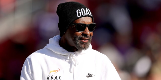 Former player of the San Francisco 49ers Jerry Rice looks on during pregame before the game between the Minnesota Vikings and the San Francisco 49ers at Levi's Stadium on Nov. 28, 2021 in Santa Clara, California.