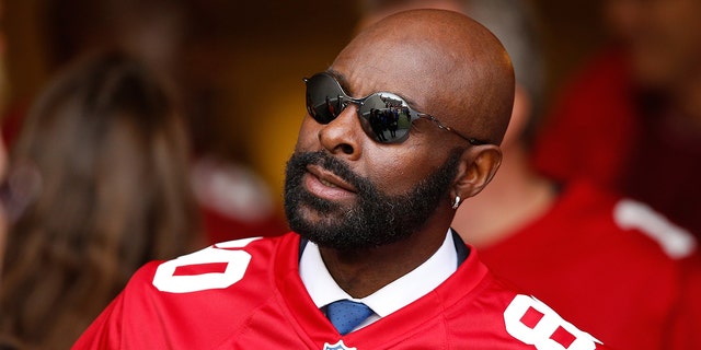 Former San Francisco 49ers player Jerry Rice is seen during a ceremony honoring the 1981-82 team at halftime of the NFL game between the San Francisco 49ers and the Cincinnati Bengals at Levi's Stadium on Dec. 20, 2015 in Santa Clara, California.