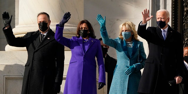 President-elect Joe Biden, his wife Jill Biden and Vice President-elect Kamala Harris and her husband Doug Emhoff arrive at the steps of the U.S. Capitol for the start of the official inauguration ceremonies, in Washington, Wednesday, Jan. 20, 2021. (AP Photo/J. Scott Applewhite)