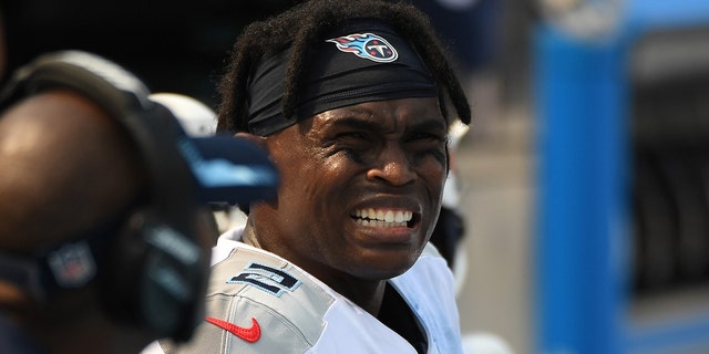 Sep 12, 2021; Nashville, Tennessee, USA; Tennessee Titans wide receiver Julio Jones (2) on the bench late in a loss against the Arizona Cardinals at Nissan Stadium.