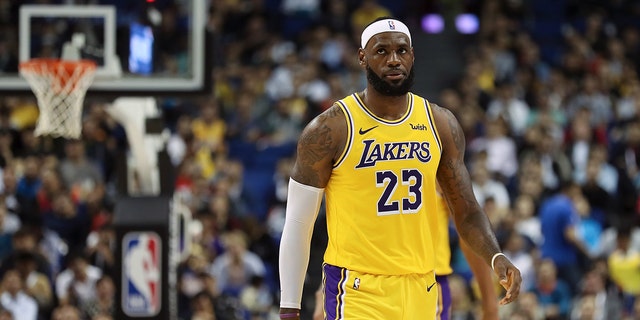 LeBron James of the Los Angeles Lakers reacts during a preseason game against the Brooklyn Nets on Oct. 10, 2019, in Shanghai, China.