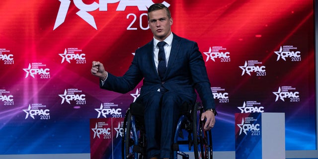 Representative Madison Cawthorn, a Republican from North Carolina, gestures during the Conservative Political Action Conference (CPAC) in Orlando, Florida, U.S., on Friday, Feb. 26, 2021. Photographer: Elijah Nouvelage/Bloomberg via Getty Images