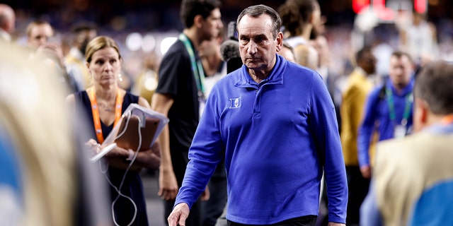 Head coach Mike Krzyzewski of the Duke Blue Devils walks toward the locker room following their loss to the North Carolina Tar Heels during the 2022 NCAA Men's Basketball Tournament Final Four at Caesars Superdome on April 2, 2022 in New Orleans, Louisiana.