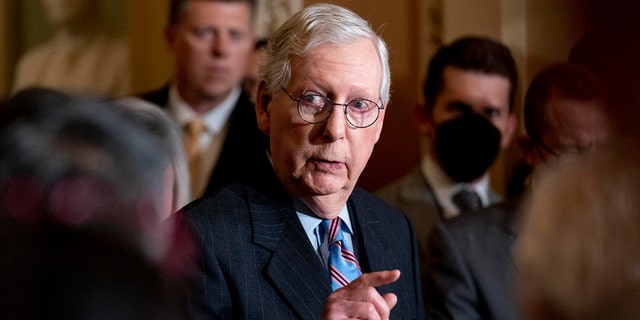 Senate Minority Leader Mitch McConnell, R-Ky., speaks to reporters after a Republican strategy meeting at the Capitol in Washington, Tuesday, Oct. 19, 2021. 