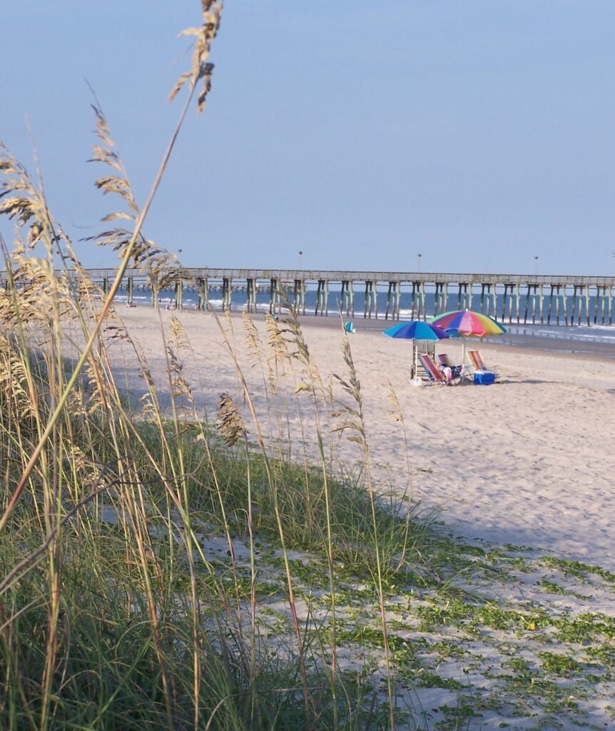 Lounge chairs and beach towels on Myrtle Beach.