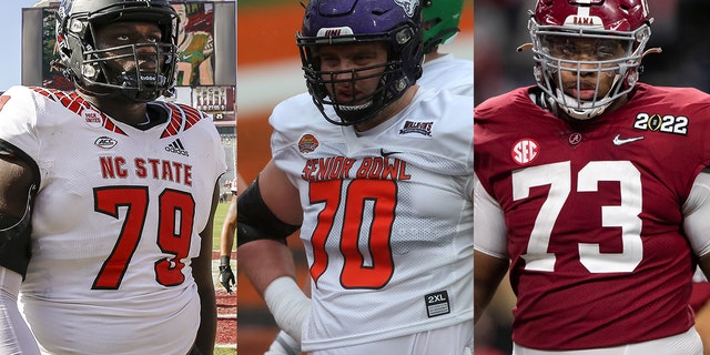 NC State's Ikem Ekwonu, left, Northern Iowa's Taylor Penning, center, and Alabama's Evan Neal.