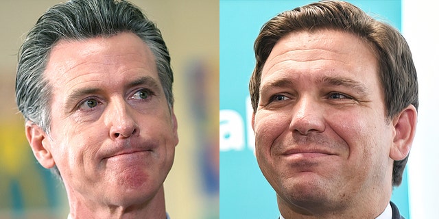 Photos of Govs Gavin Newsom and Ron DeSantis 