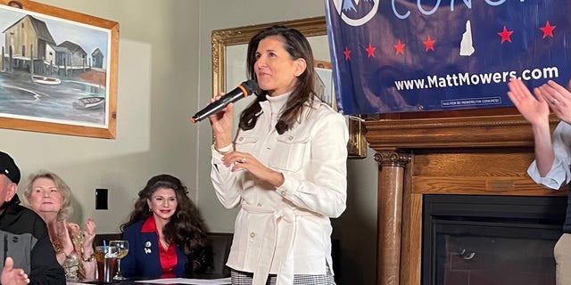 Former Ambassador to the United Nations and former South Carolina Gov. Nikki Haley campaigns on behalf of GOP congressional candidate Matt Mowers of New Hampshire, at an event on April 4, 2022 in Derry, N.H.