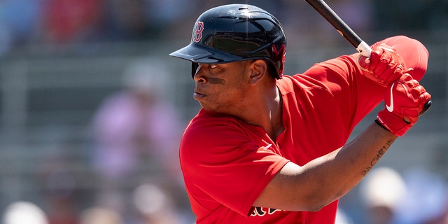 Rafael Devers of the Boston Red Sox bats during a Grapefruit League game against the Atlanta Braves at JetBlue Park at Fenway South on March 21, 2022, in Fort Myers, Florida.