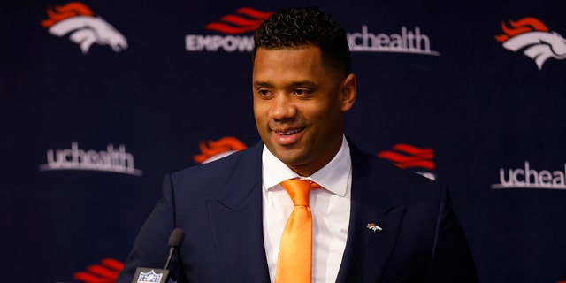 Quarterback Russell Wilson #3 of the Denver Broncos addresses the press at UCHealth Training Center on March 16, 2022 in Englewood, Colorado.