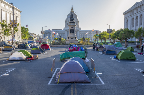A city-sanctioned safe sleeping site is seen in Civic Center in San Francisco on May 20, 2020. Photo by Yichuan Cao, Sipa USA via Reuters