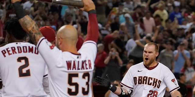 Arizona Diamondbacks' Seth Beer (28) rounds the bases after hitting a three-run, walk-off home run during the ninth inning of a baseball game against the San Diego Padres, Thursday, April 7, 2022, in Phoenix. The Diamondbacks won 4-2.